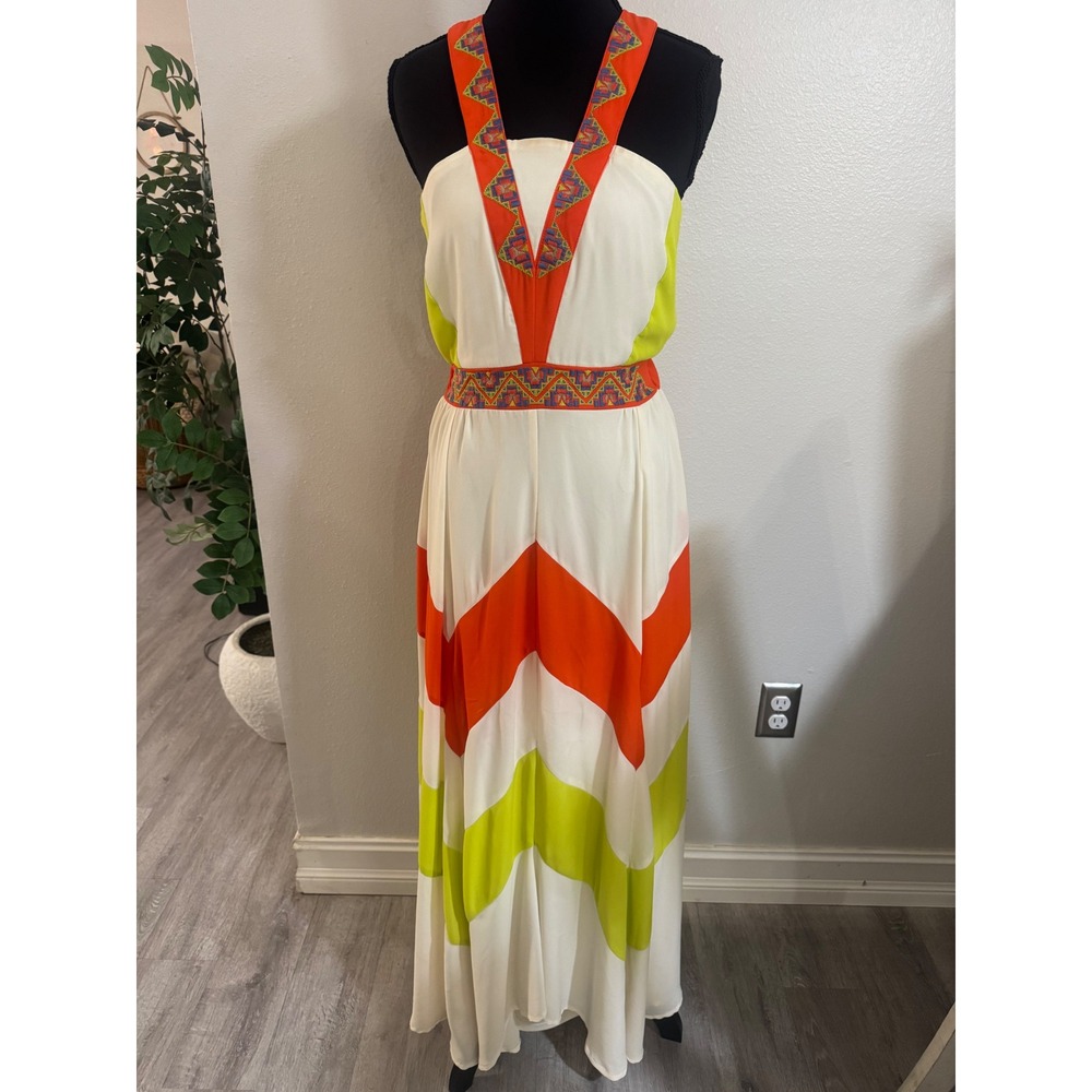 GB Women Orange Lime Green Chevron Embroidered Halter Maxi Dress Small